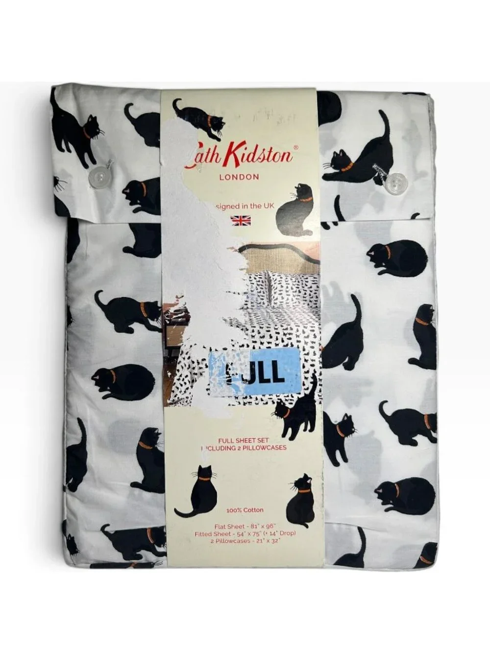 Cath Kidston Black Cats Full Sheet Set 100% Cotton Percale 4 Pc Bedding New